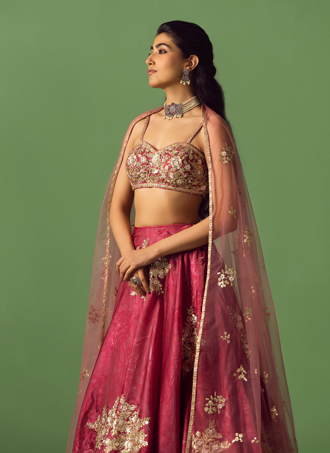 Crimson Pink Floral Printed Organza Lehenga