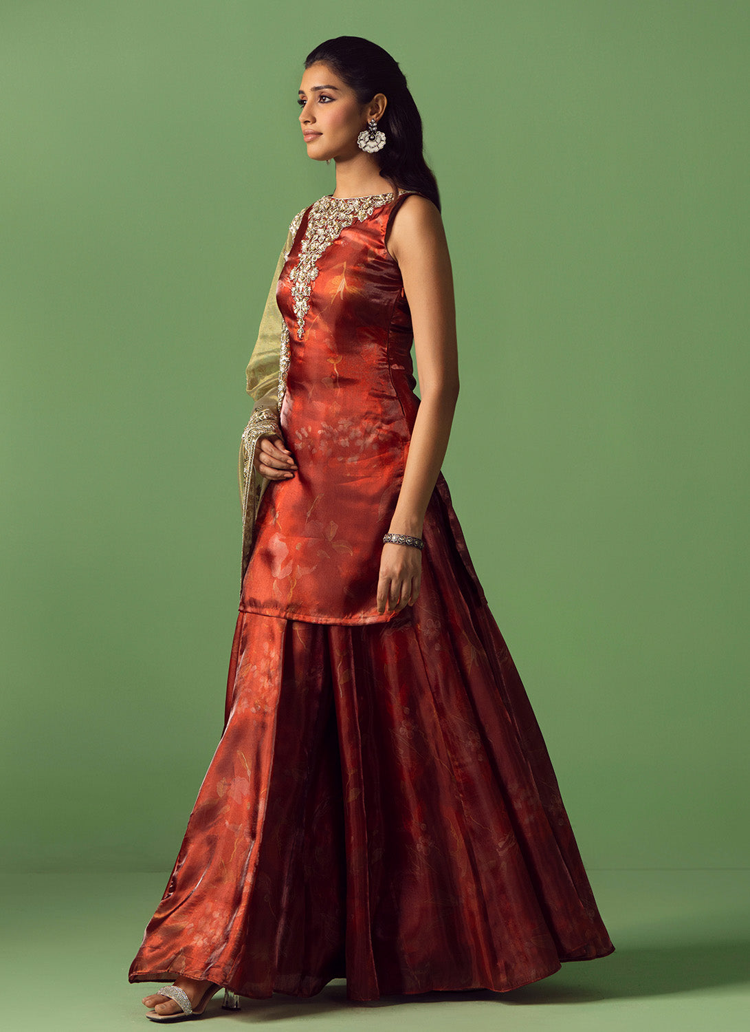 Maroon and Green Embroidered Organza Sharara