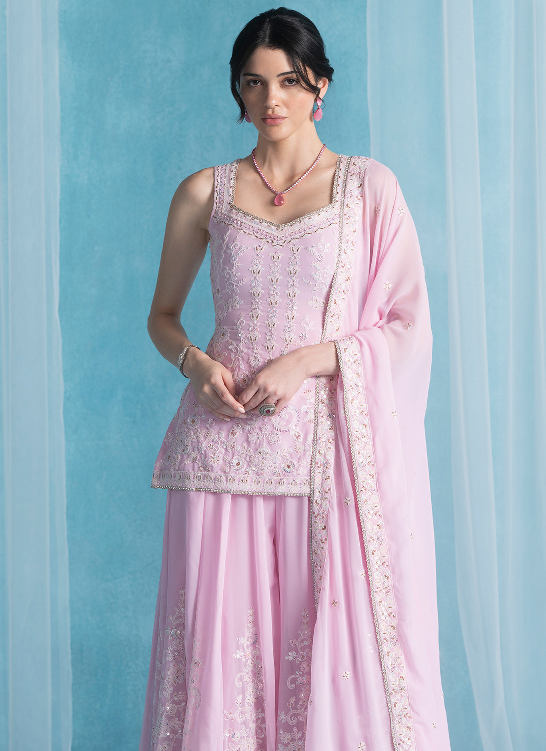 Pink Embroidered Lucknowi Sharara Suit