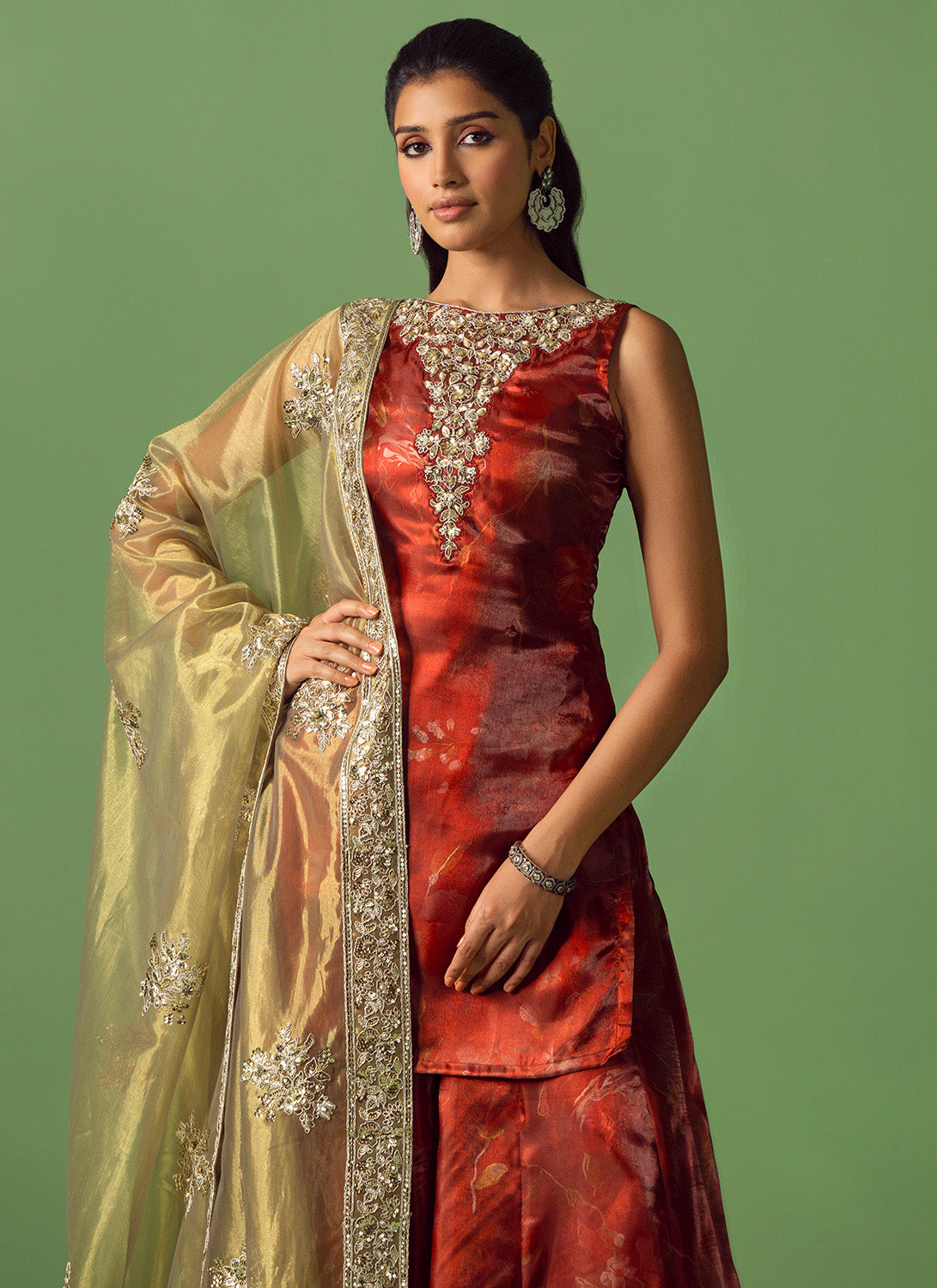 Maroon and Green Embroidered Organza Sharara