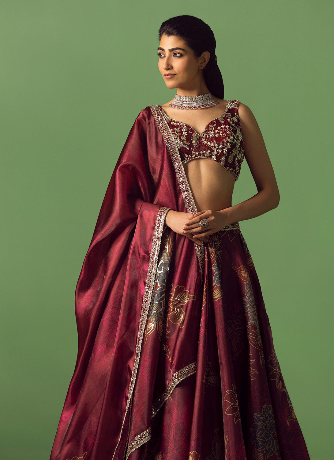 Maroon Floral Printed Organza Lehenga