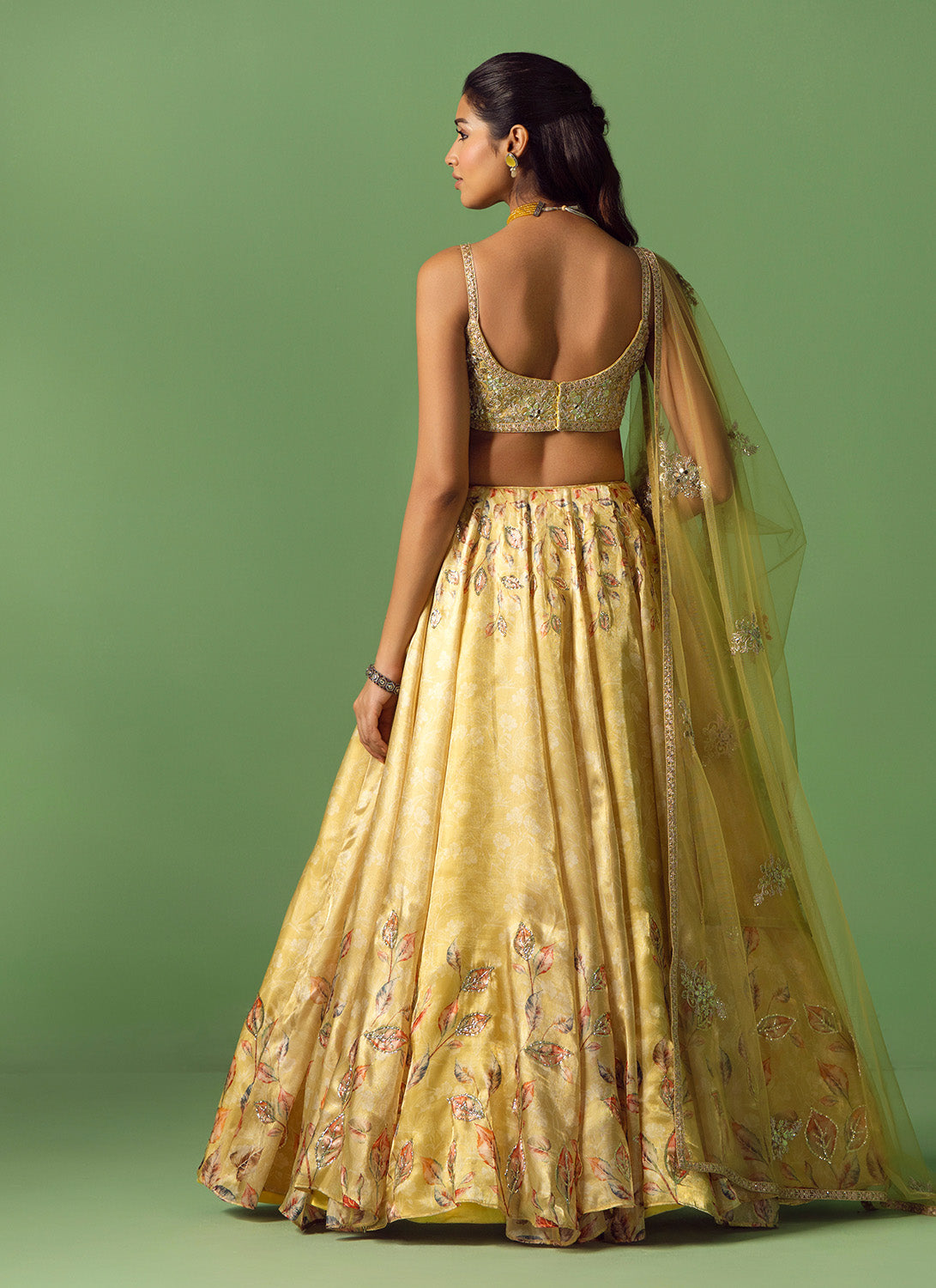 Soft Yellow Floral Printed Organza Lehenga