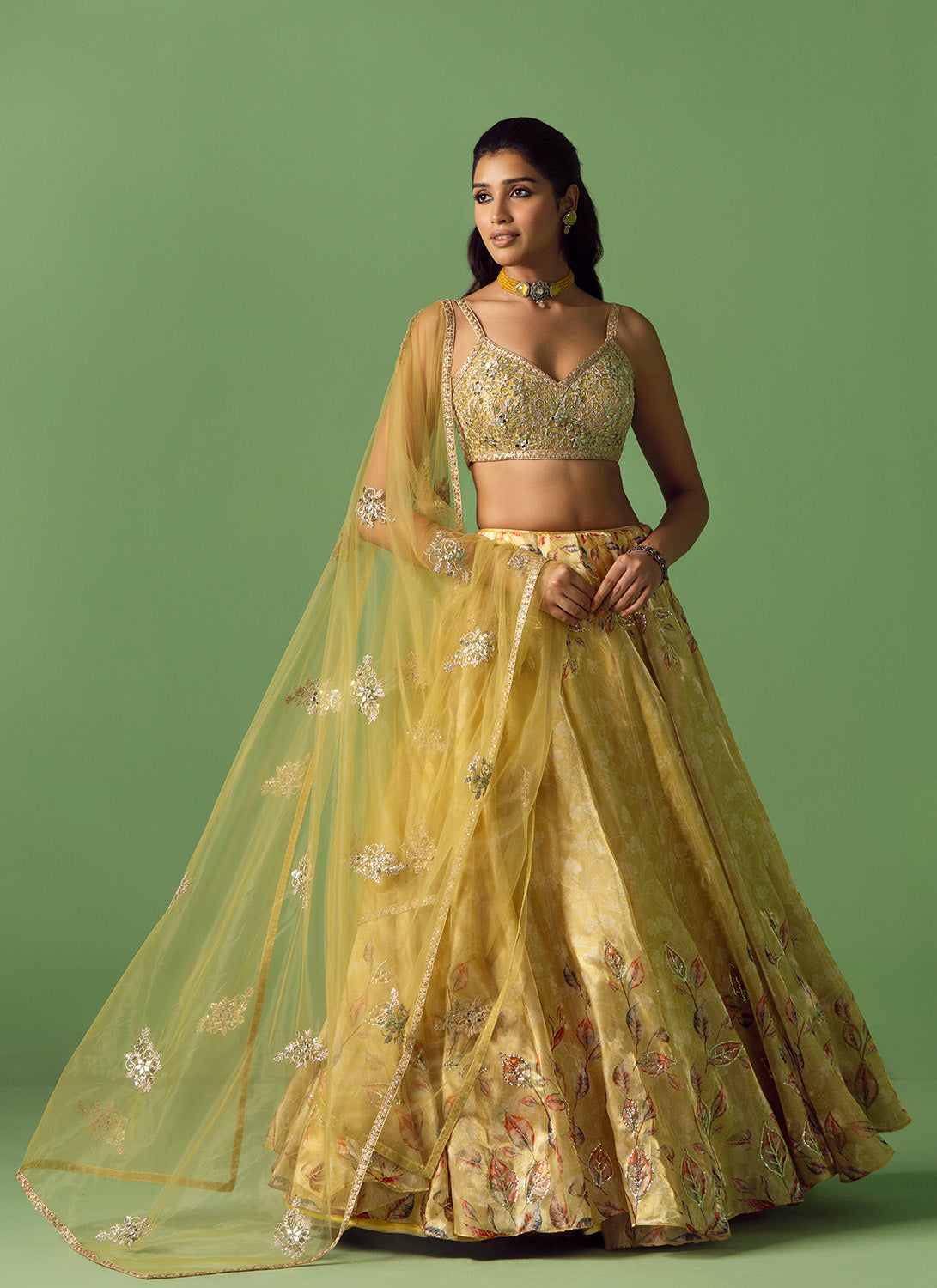 Soft Yellow Floral Printed Organza Lehenga