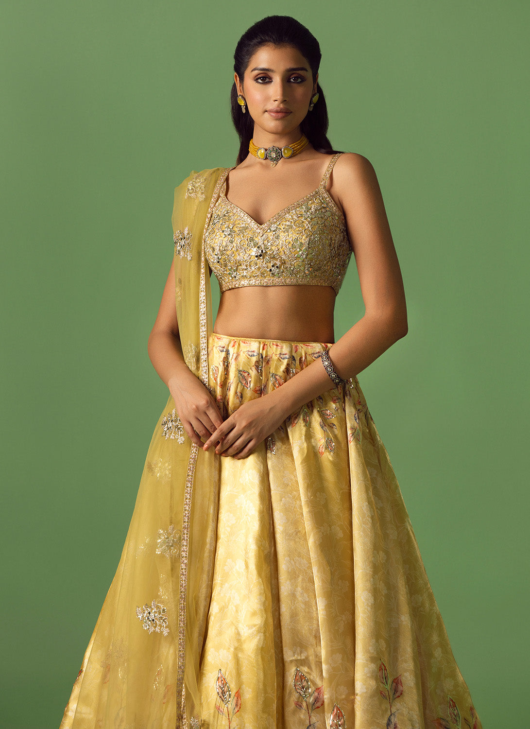 Soft Yellow Floral Printed Organza Lehenga