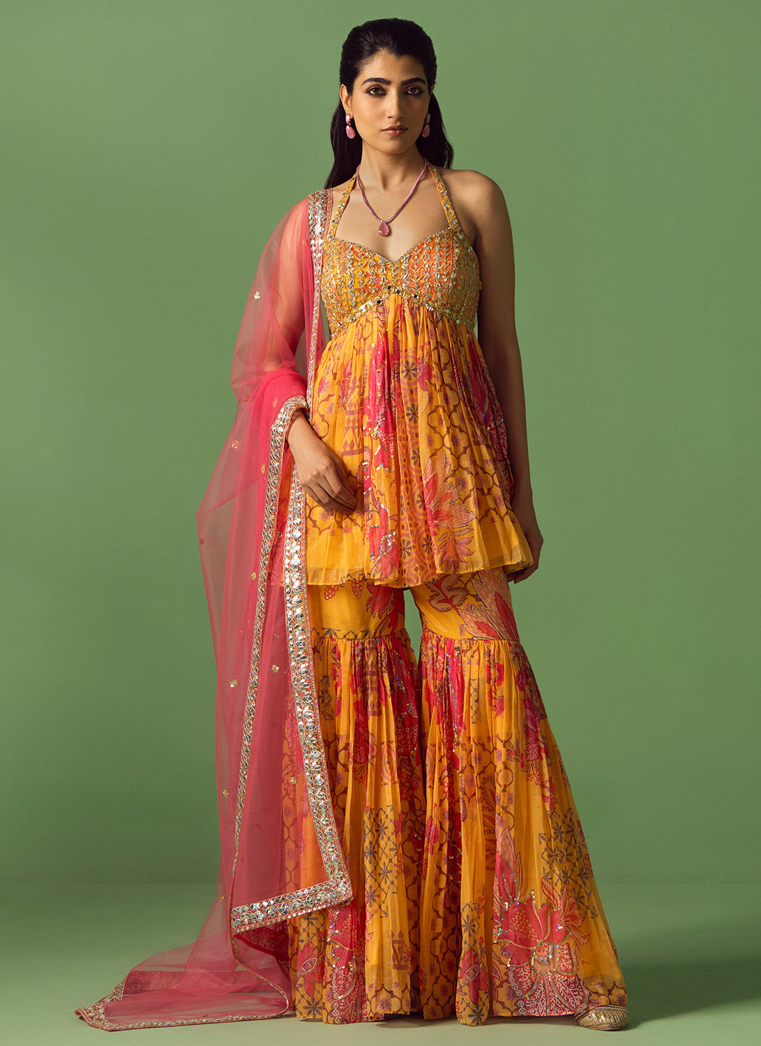Mustard Yellow and Pink Floral Printed Gharara