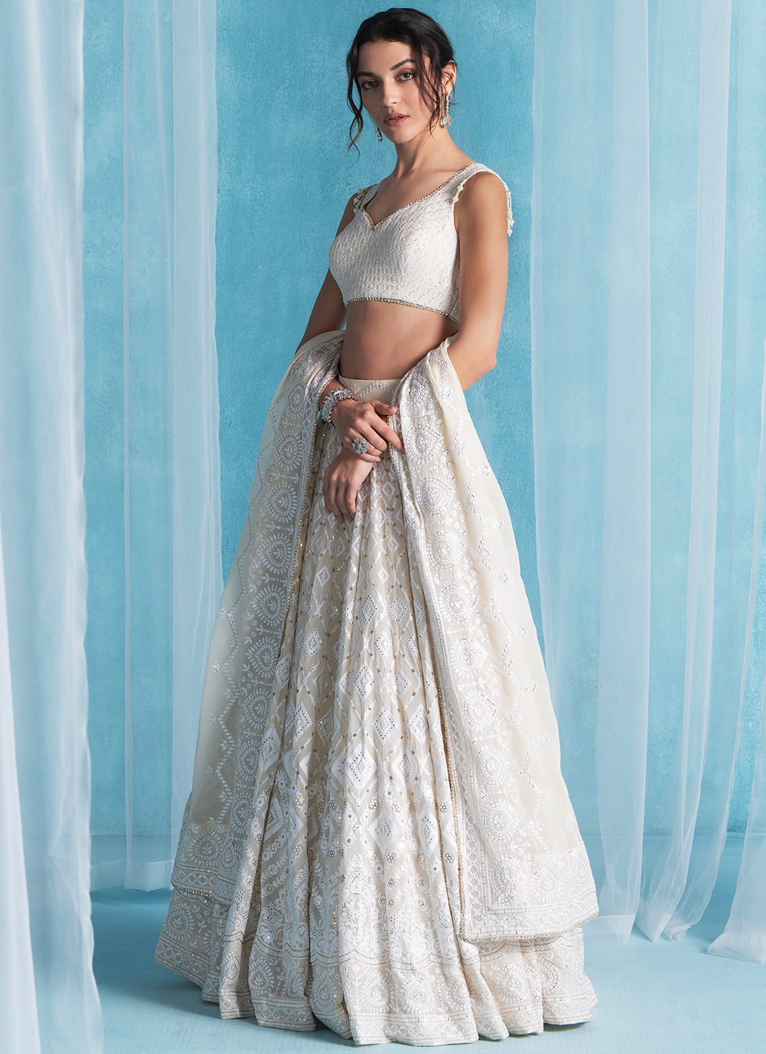 Off White Embroidered Lucknowi Lehenga
