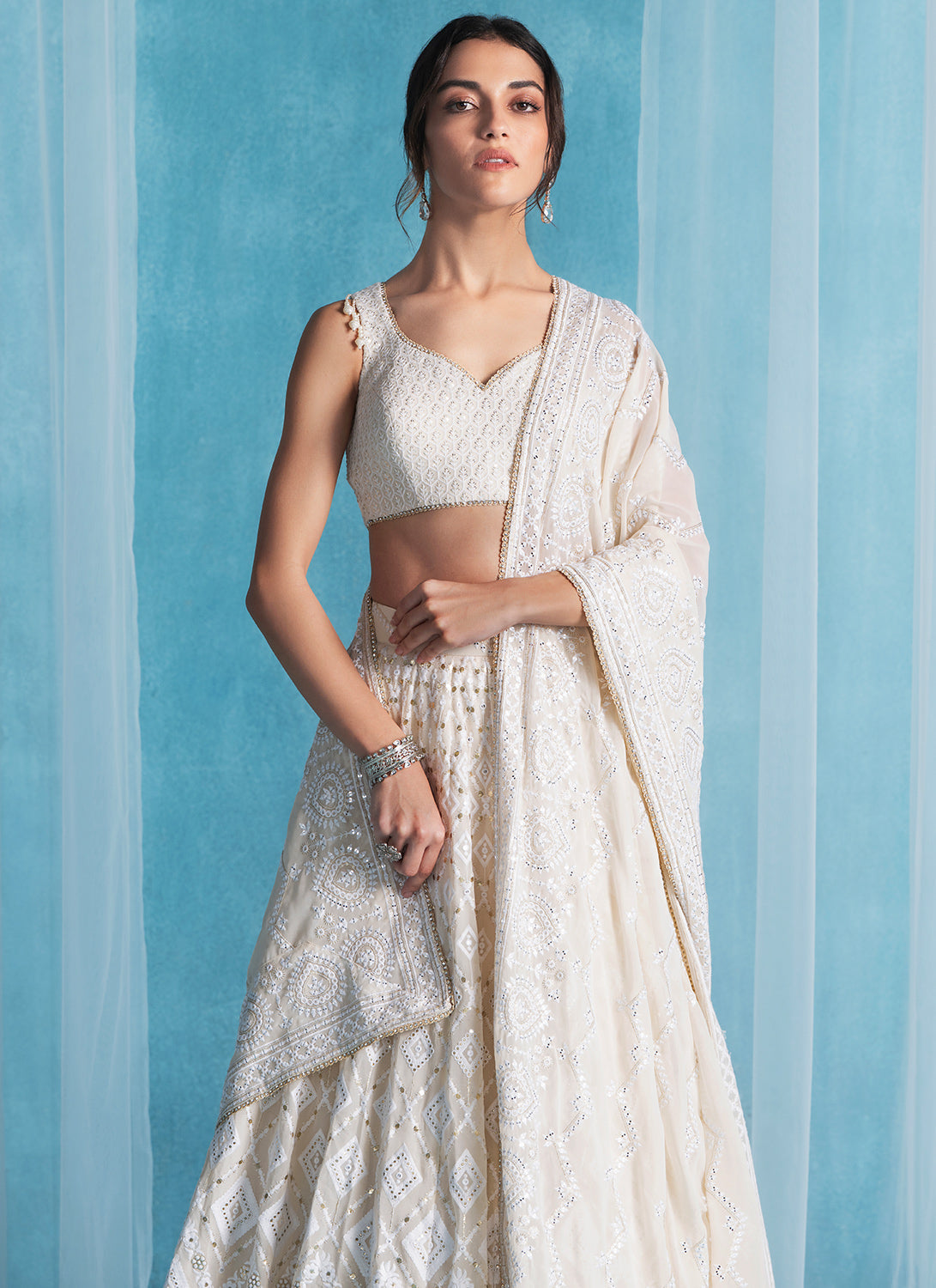 Off White Embroidered Lucknowi Lehenga
