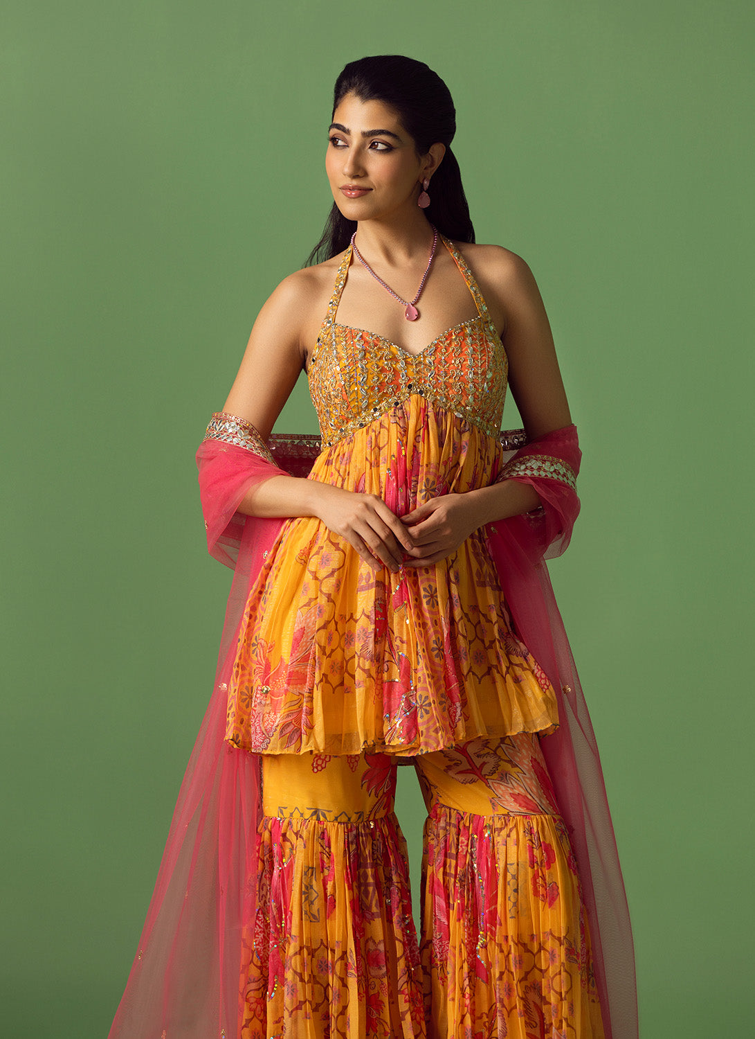 Mustard Yellow and Pink Floral Printed Gharara