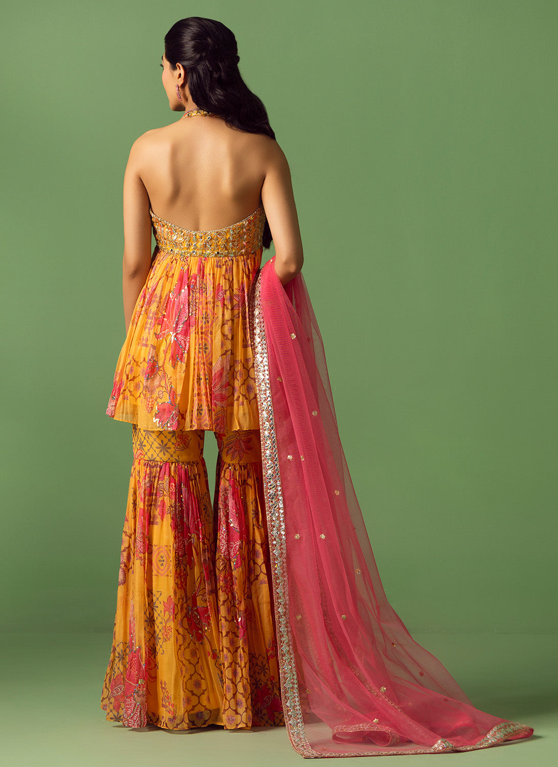 Mustard Yellow and Pink Floral Printed Gharara