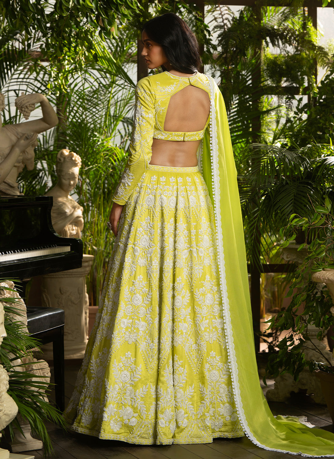 Lime Green Embroidered Pure Silk Lehenga