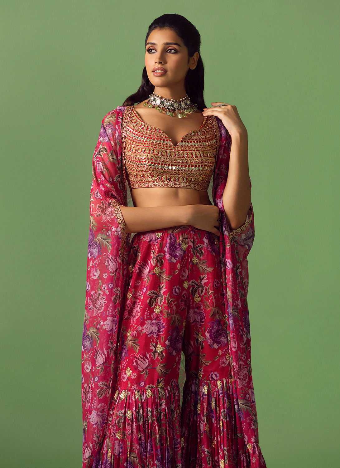 Pink Floral Printed Gharara Cape Set