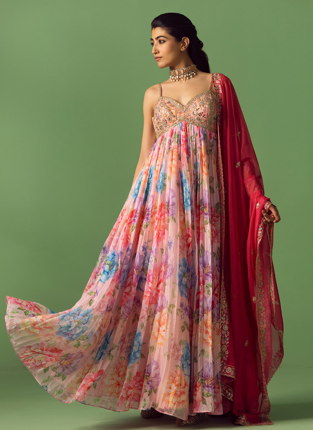 Pink Multicolor Floral Printed Anarkali