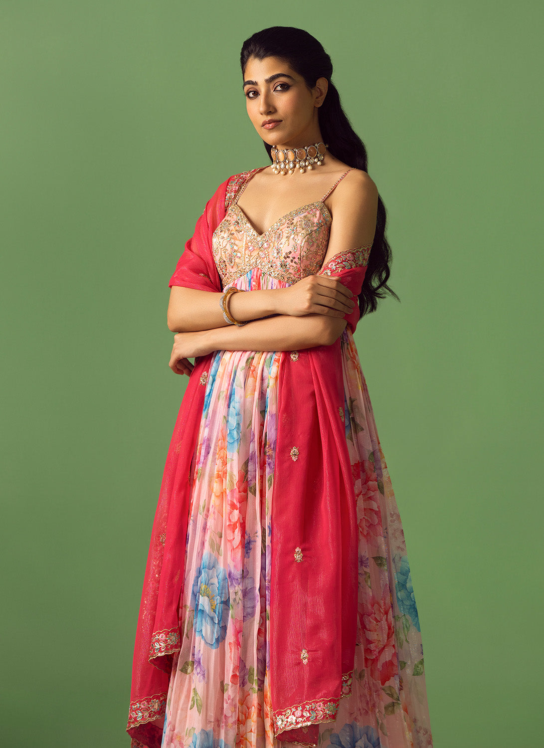 Pink Multicolor Floral Printed Anarkali