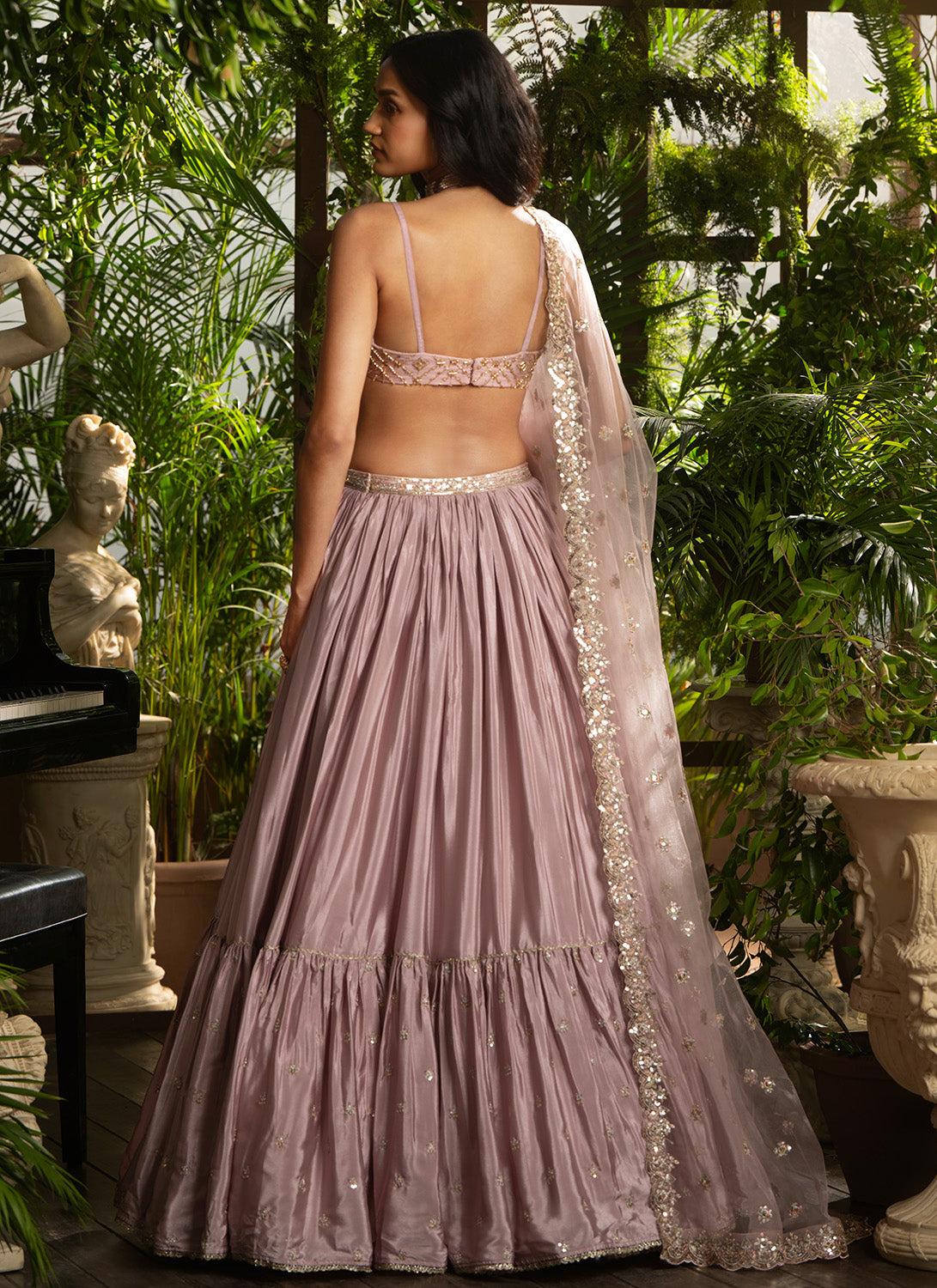 Dusty Rose Embroidered Crepe Silk Lehenga