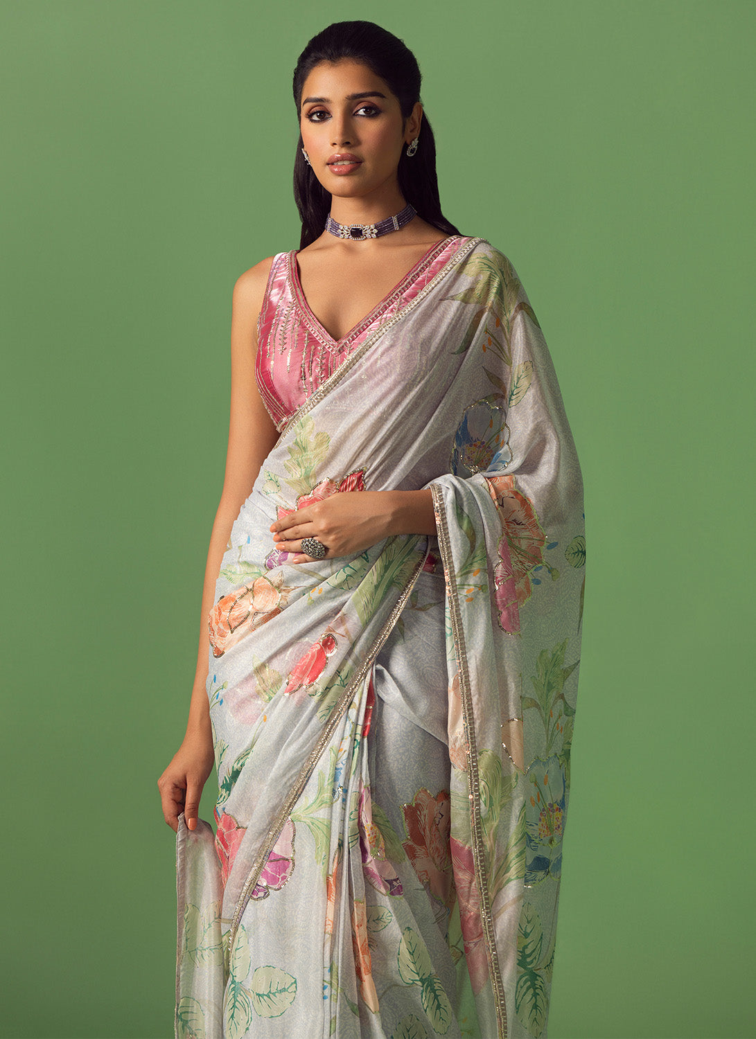 Soft Blue Multicolor Floral Printed Saree