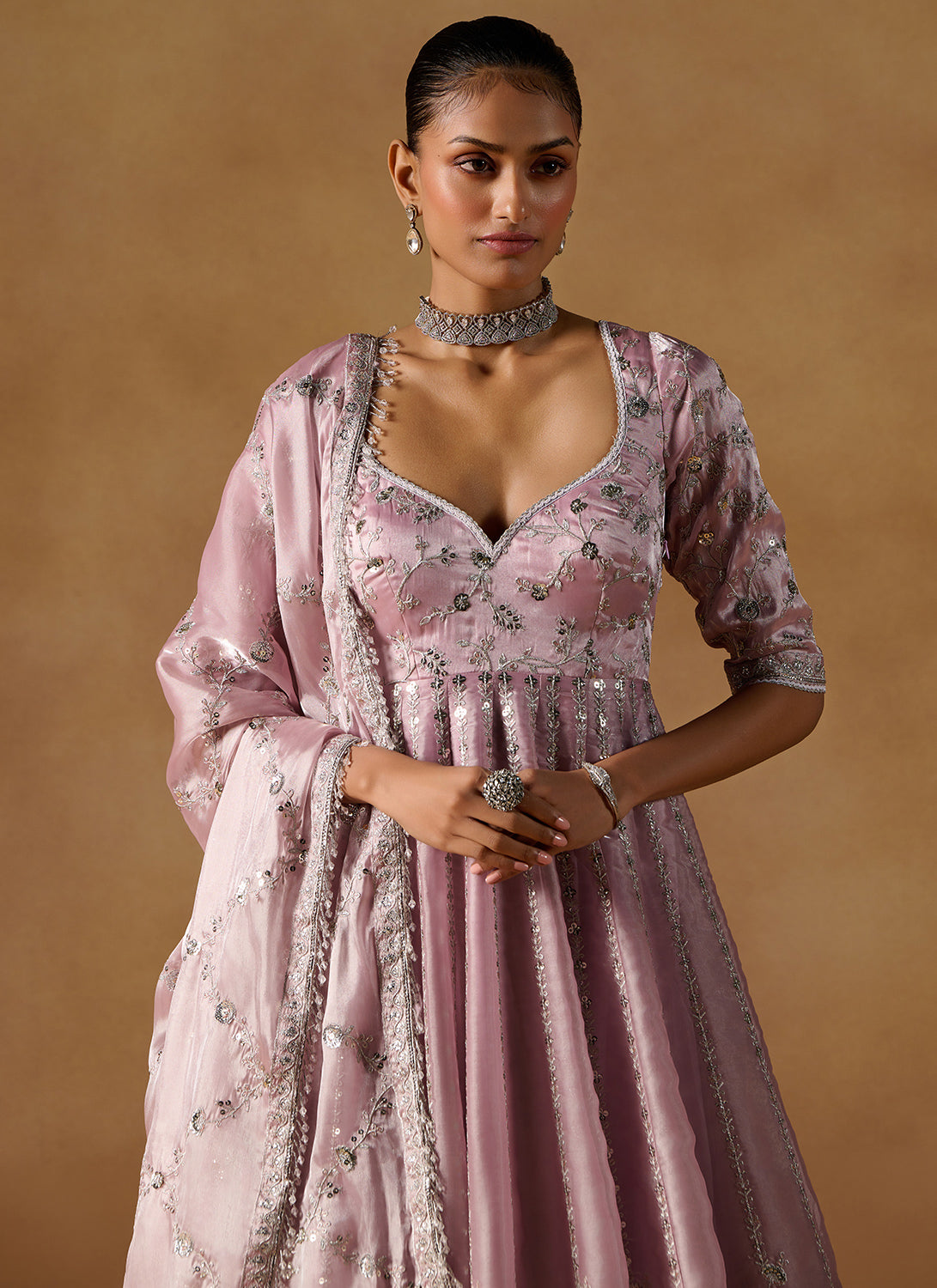 Mauve Embroidered Tissue Anarkali