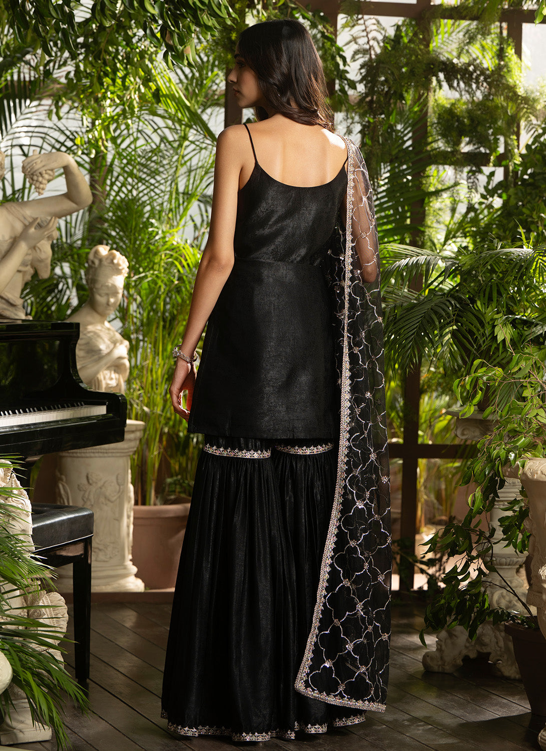 Black Embroidered Satin Velvet Gharara