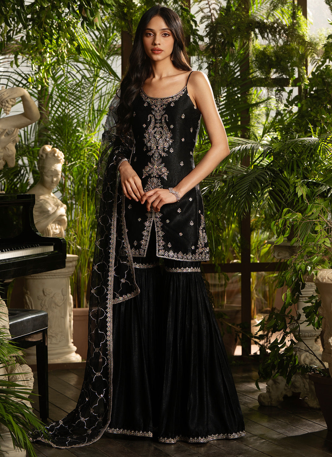 Black Embroidered Satin Velvet Gharara
