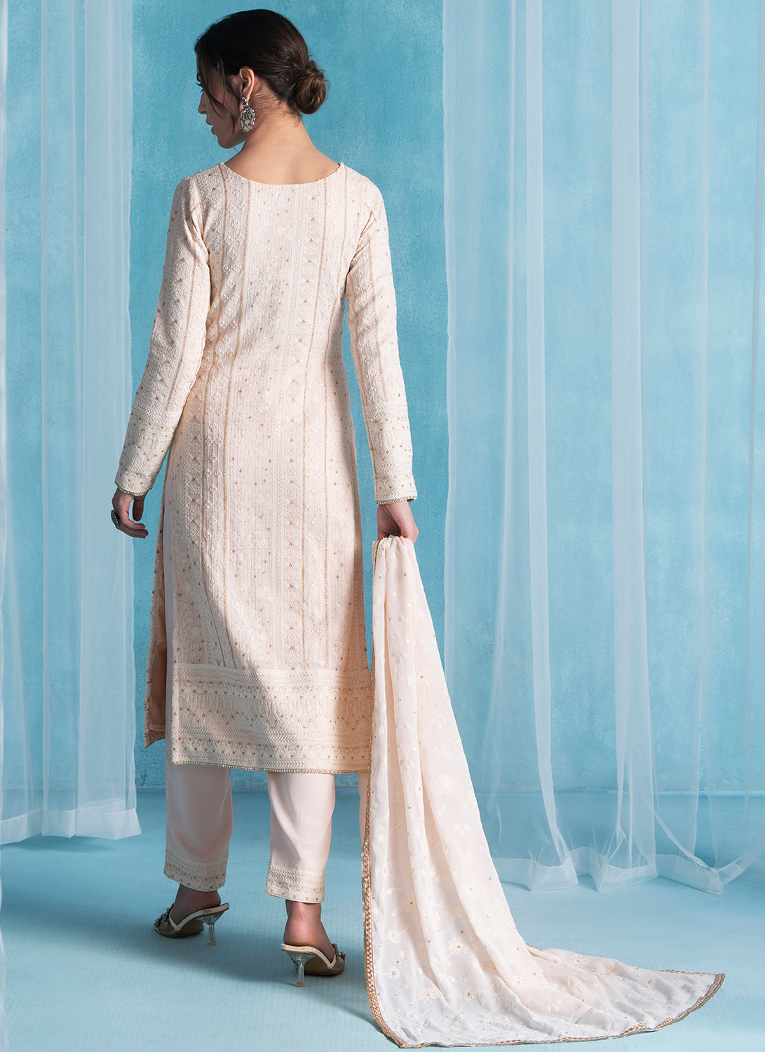 Soft Peach Embroidered Lucknowi Straight Suit