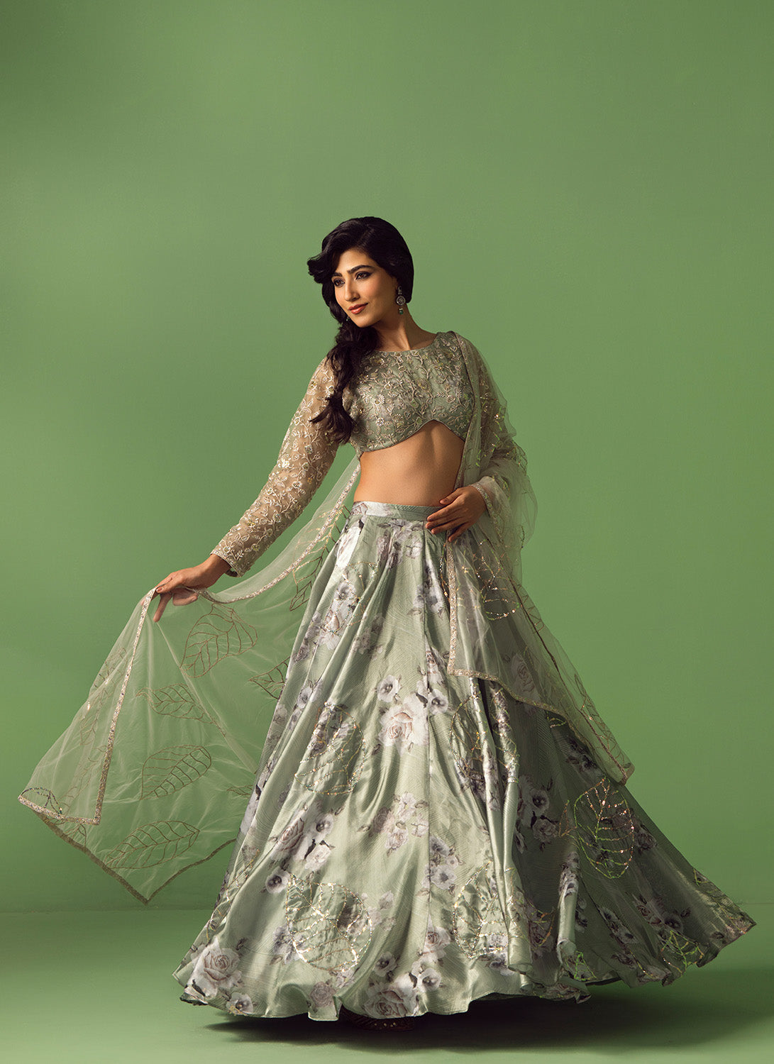 Sage Green Floral Printed Organza Lehenga