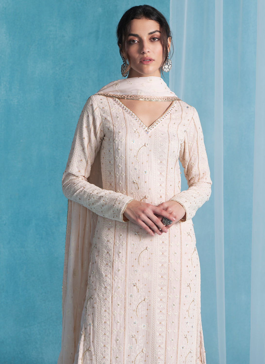 Soft Peach Embroidered Lucknowi Straight Suit