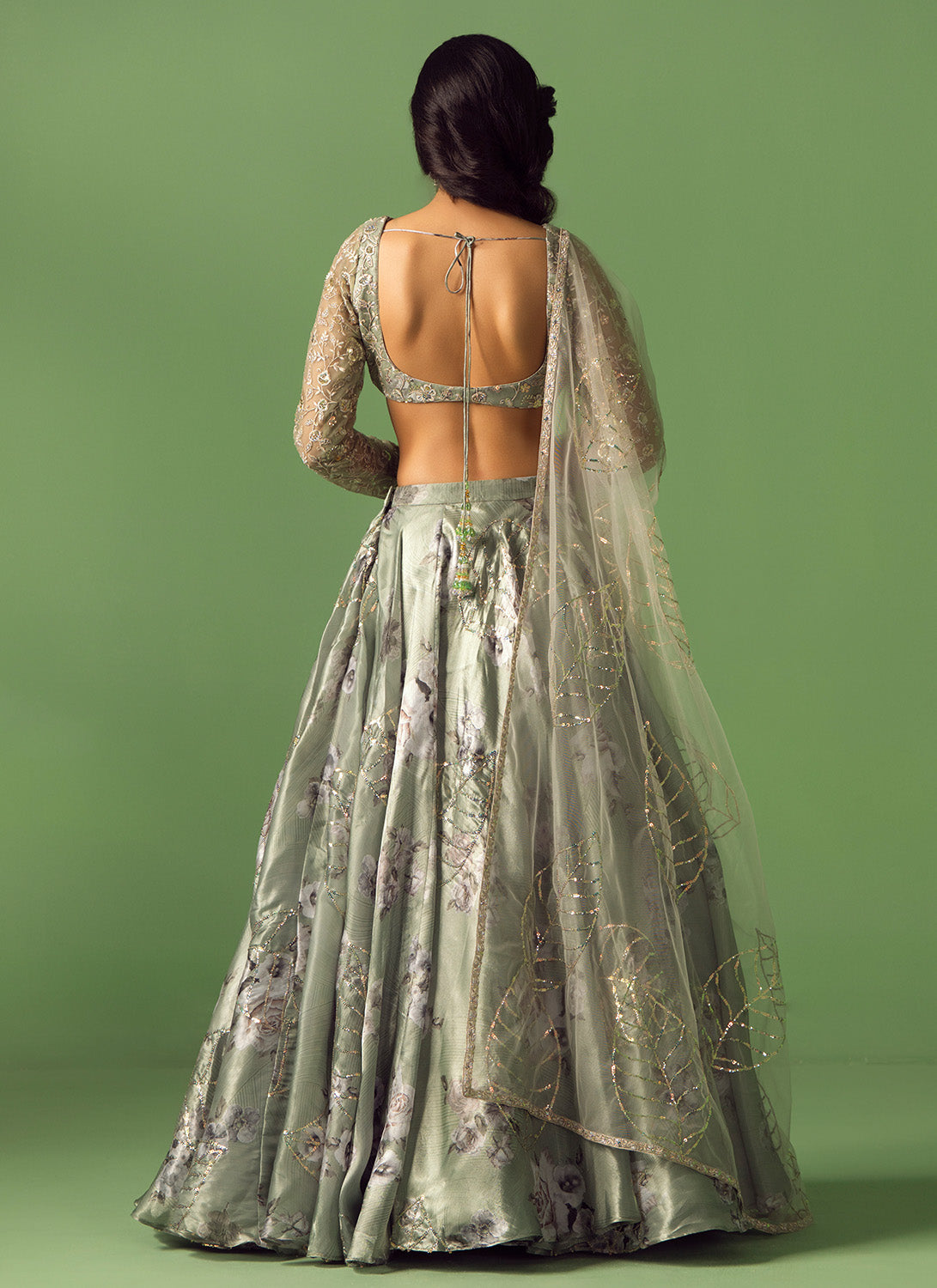 Sage Green Floral Printed Organza Lehenga