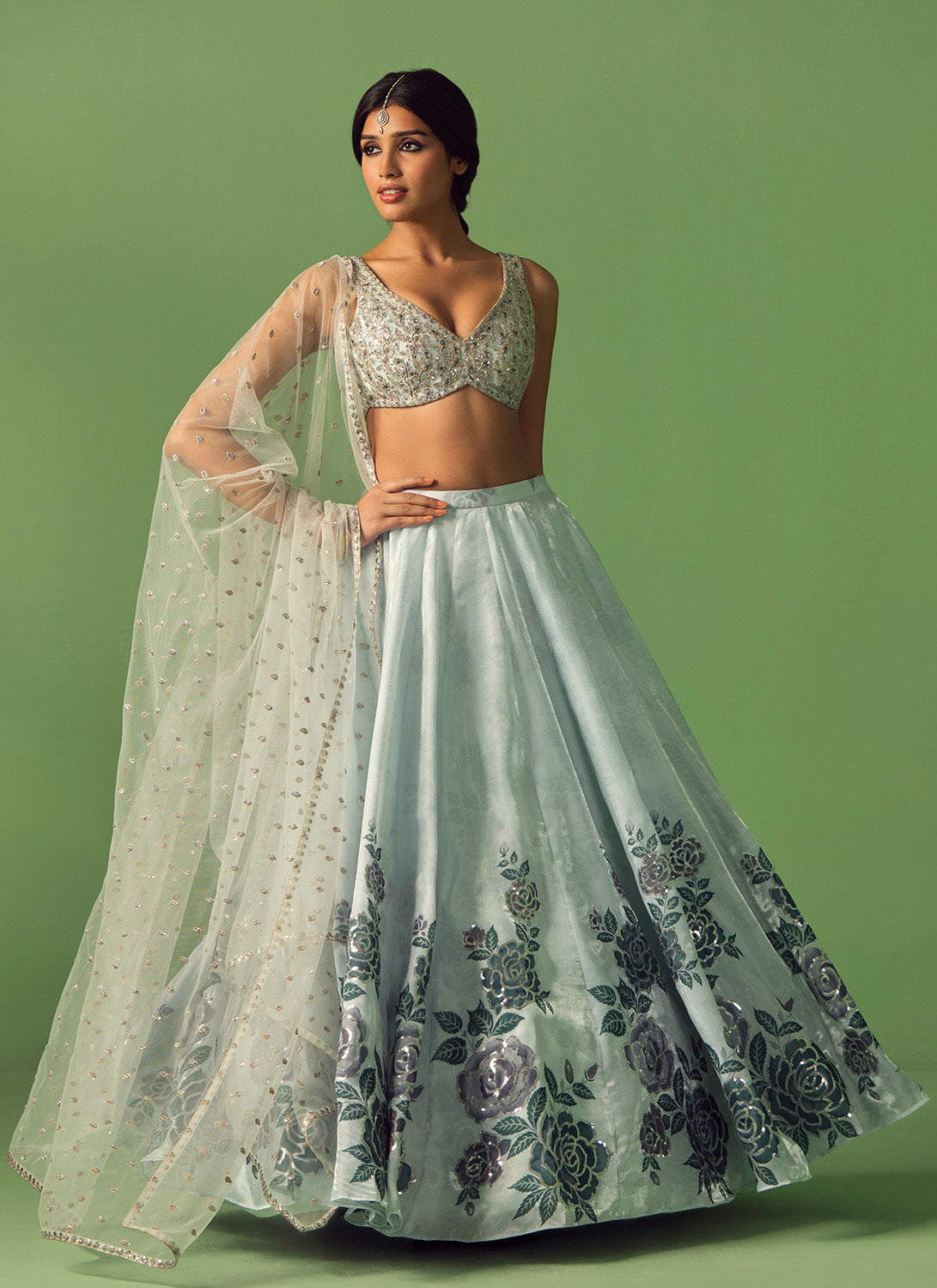 Soft Blue Floral Printed Organza Lehenga