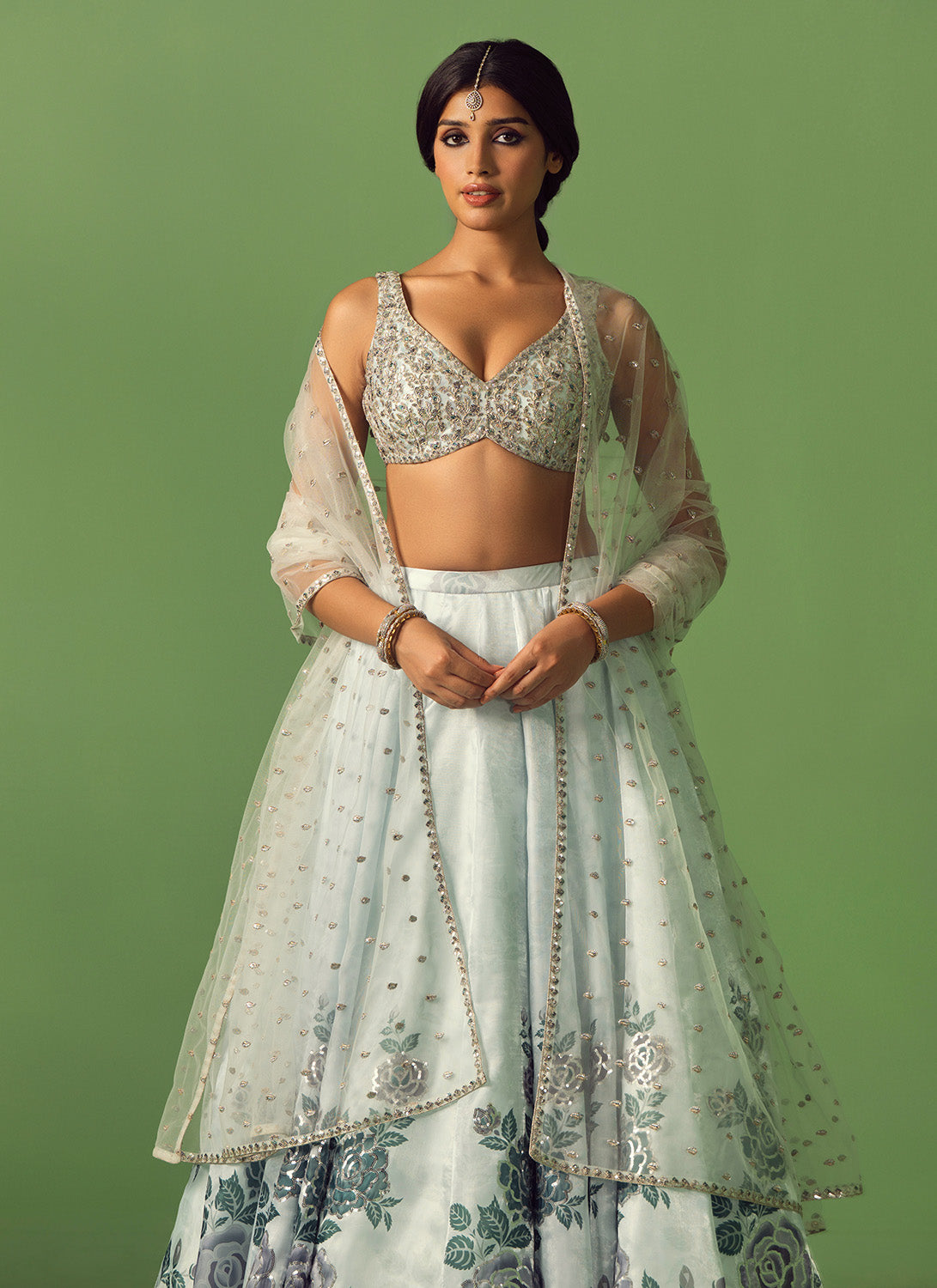 Soft Blue Floral Printed Organza Lehenga
