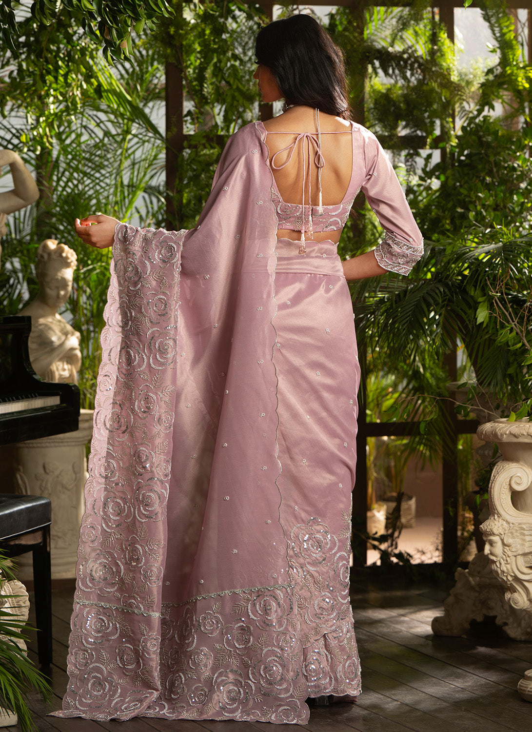 Dusty Rose Embroidered Tissue Silk Saree