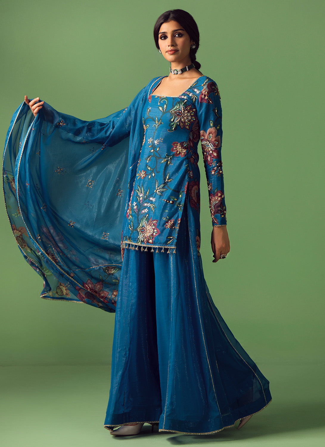 Blue Floral Printed Chiffon Sharara