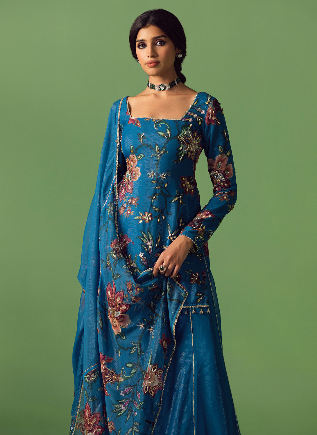 Blue Floral Printed Chiffon Sharara