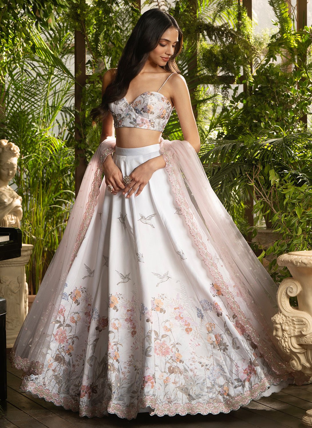Light Grey Floral Embroidered Satin Lehenga