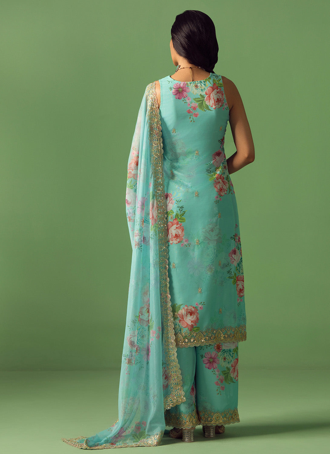 Aqua Multicolor Floral Printed Palazzo Suit