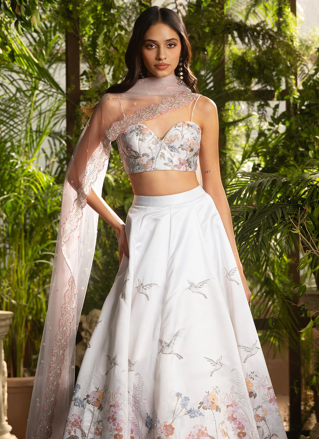 Light Grey Floral Embroidered Satin Lehenga