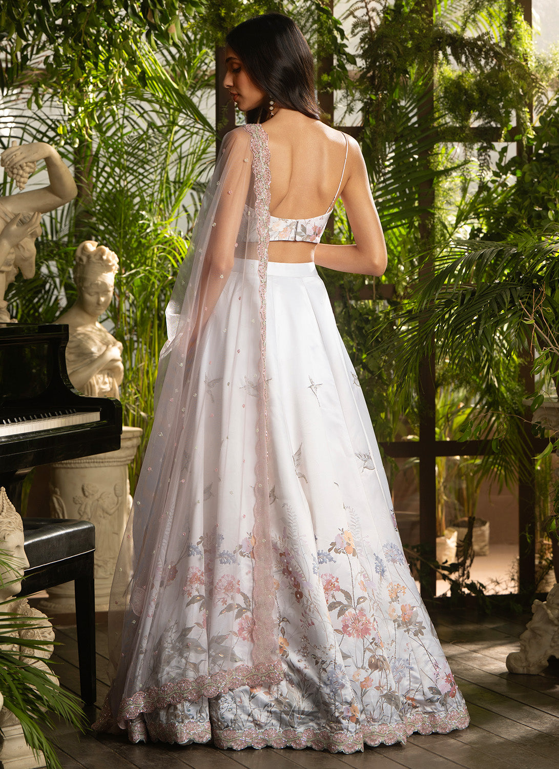 Light Grey Floral Embroidered Satin Lehenga