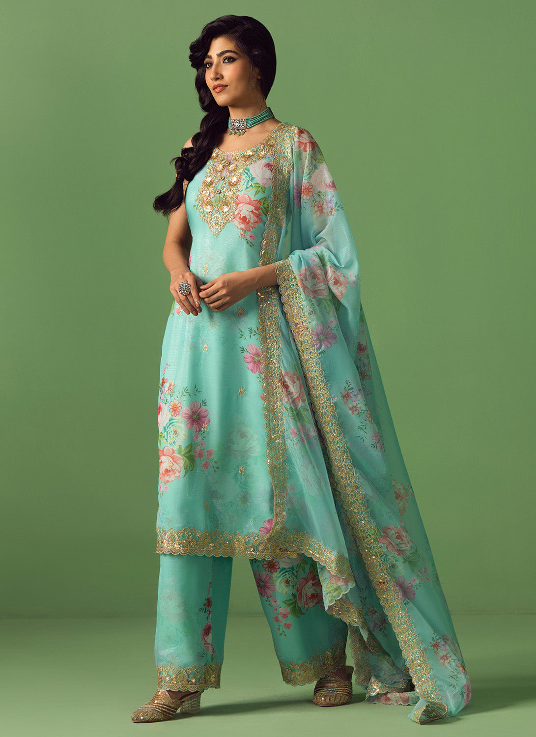 Aqua Multicolor Floral Printed Palazzo Suit