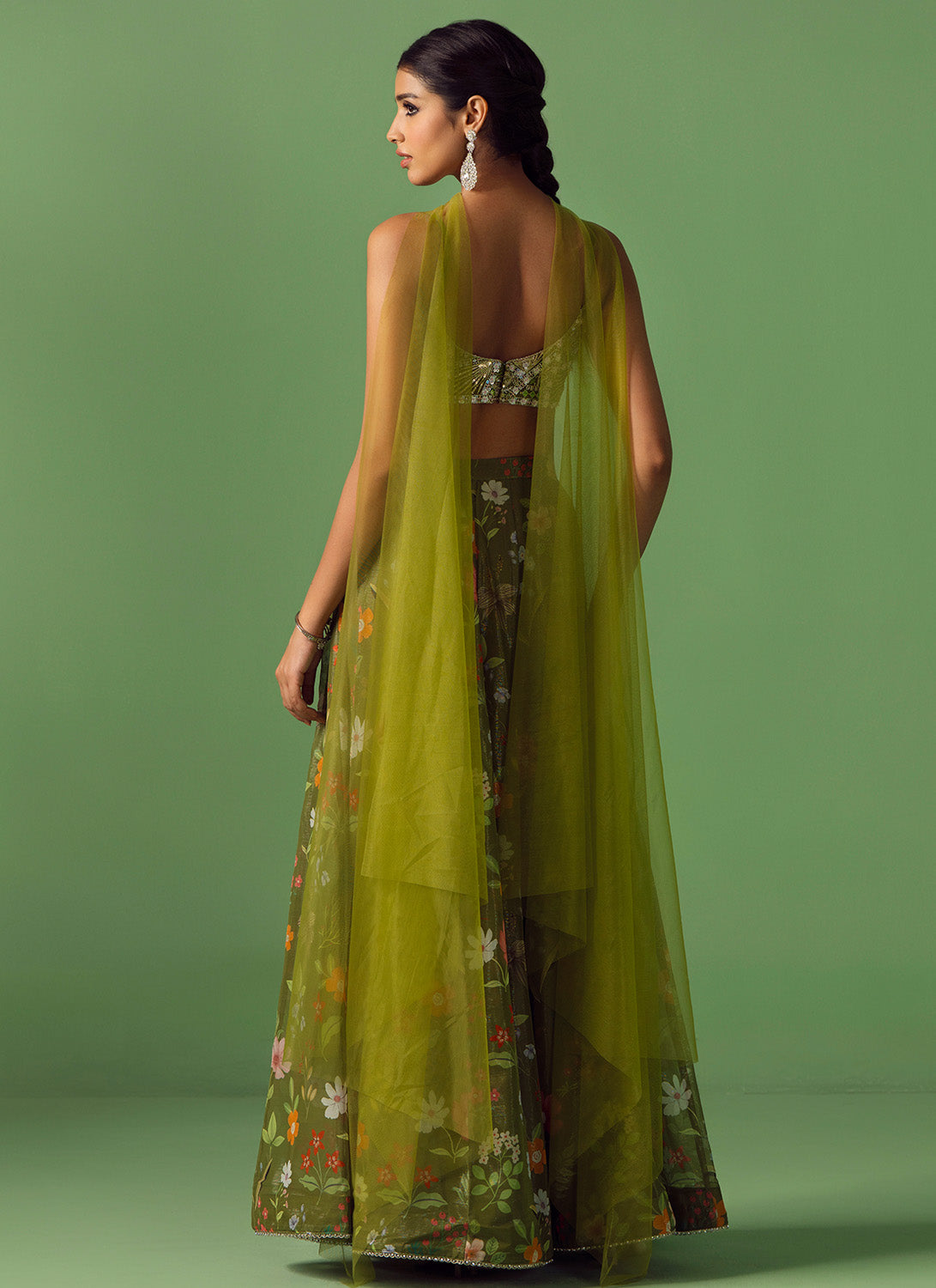 Olive Floral Printed Chiffon Pant Set