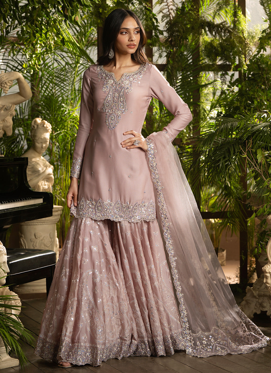 Dusty Rose Embroidered Georgette Gharara