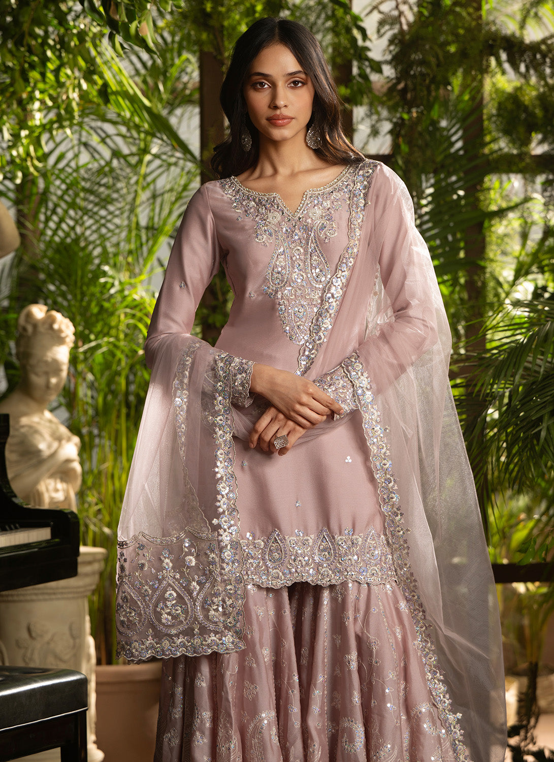 Dusty Rose Embroidered Georgette Gharara