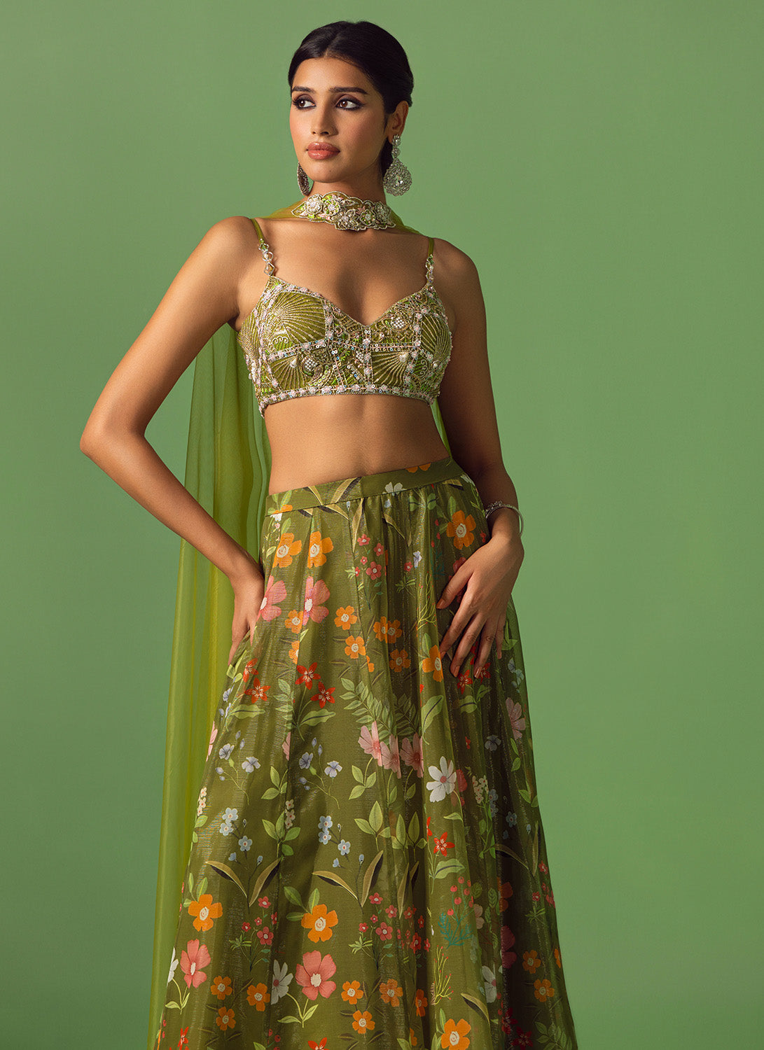 Olive Floral Printed Chiffon Pant Set