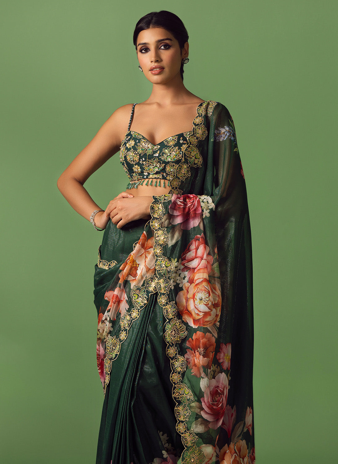 Green Multicolor Floral Printed Saree