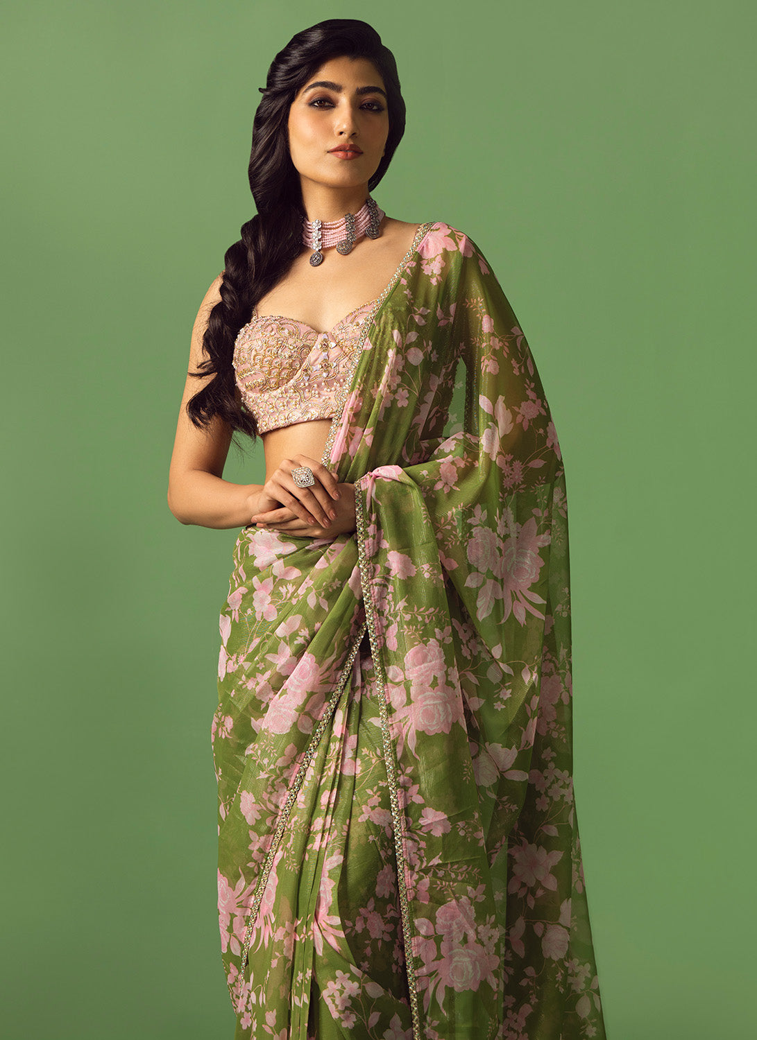 Olive Green and Pink Printed Saree