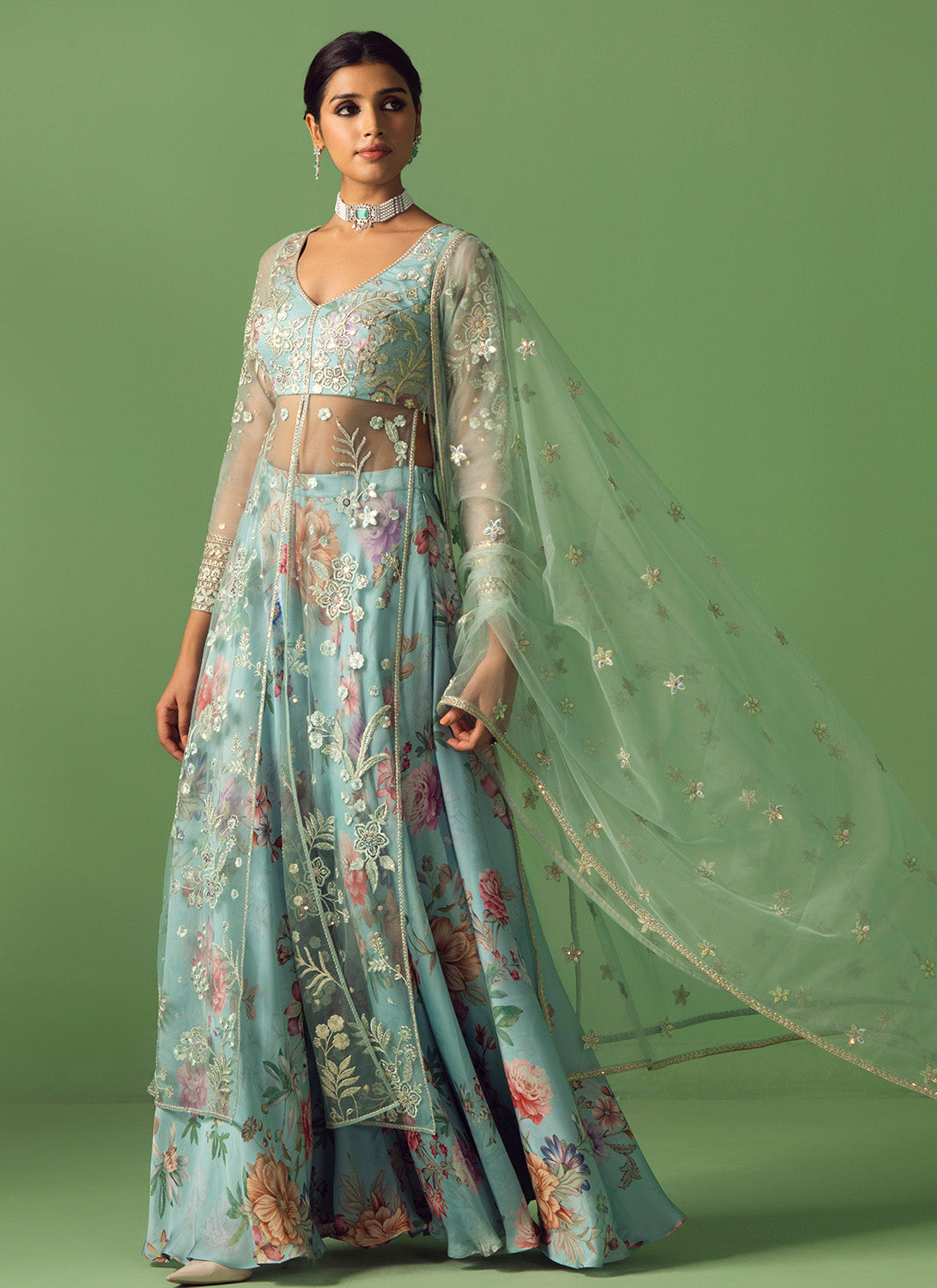 Light Blue Embroidered Net Sharara
