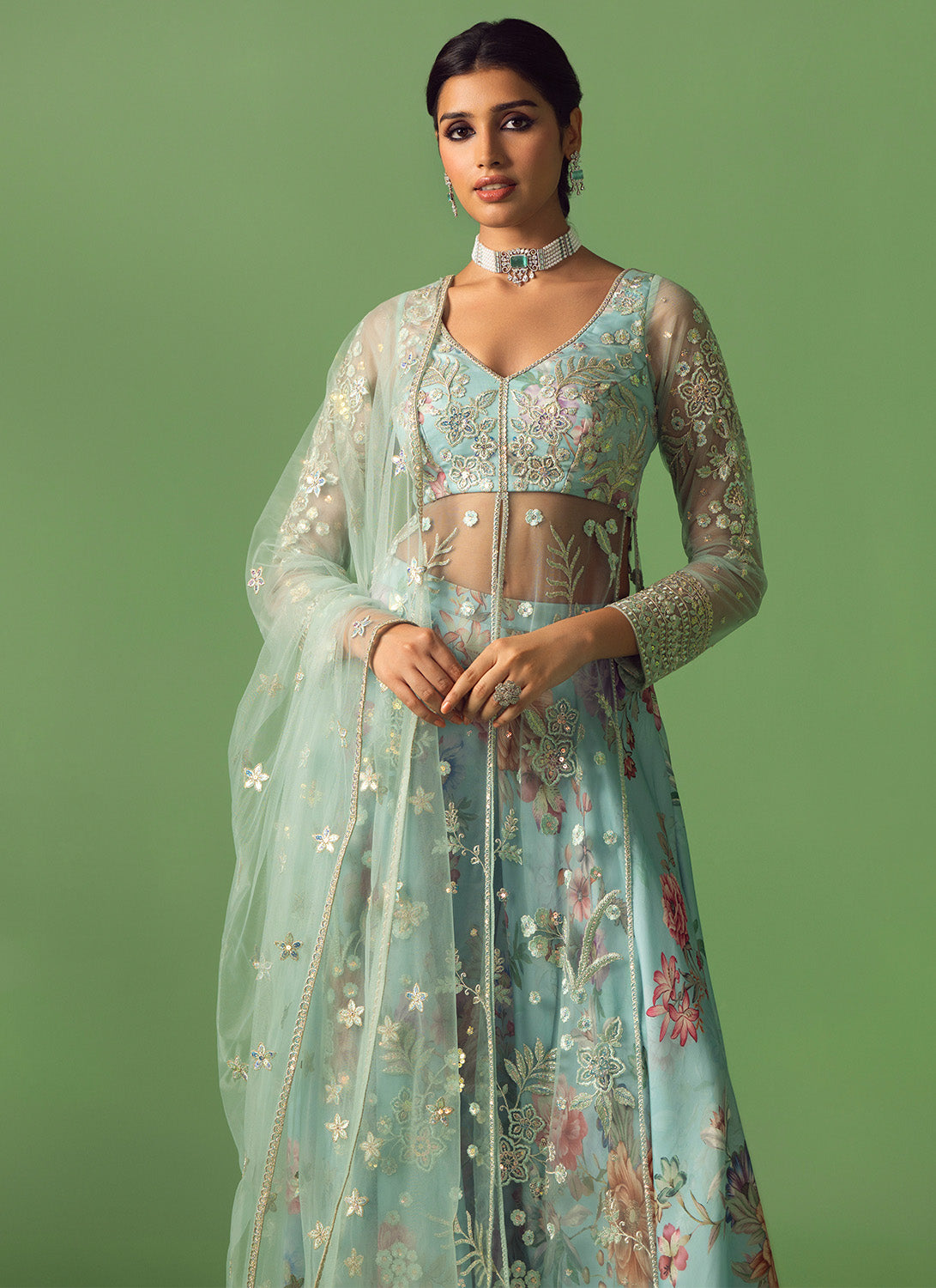 Light Blue Embroidered Net Sharara
