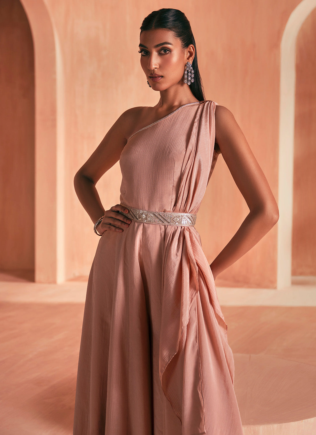 Dusty Peach Embroidered Chiffon Jumpsuit Set