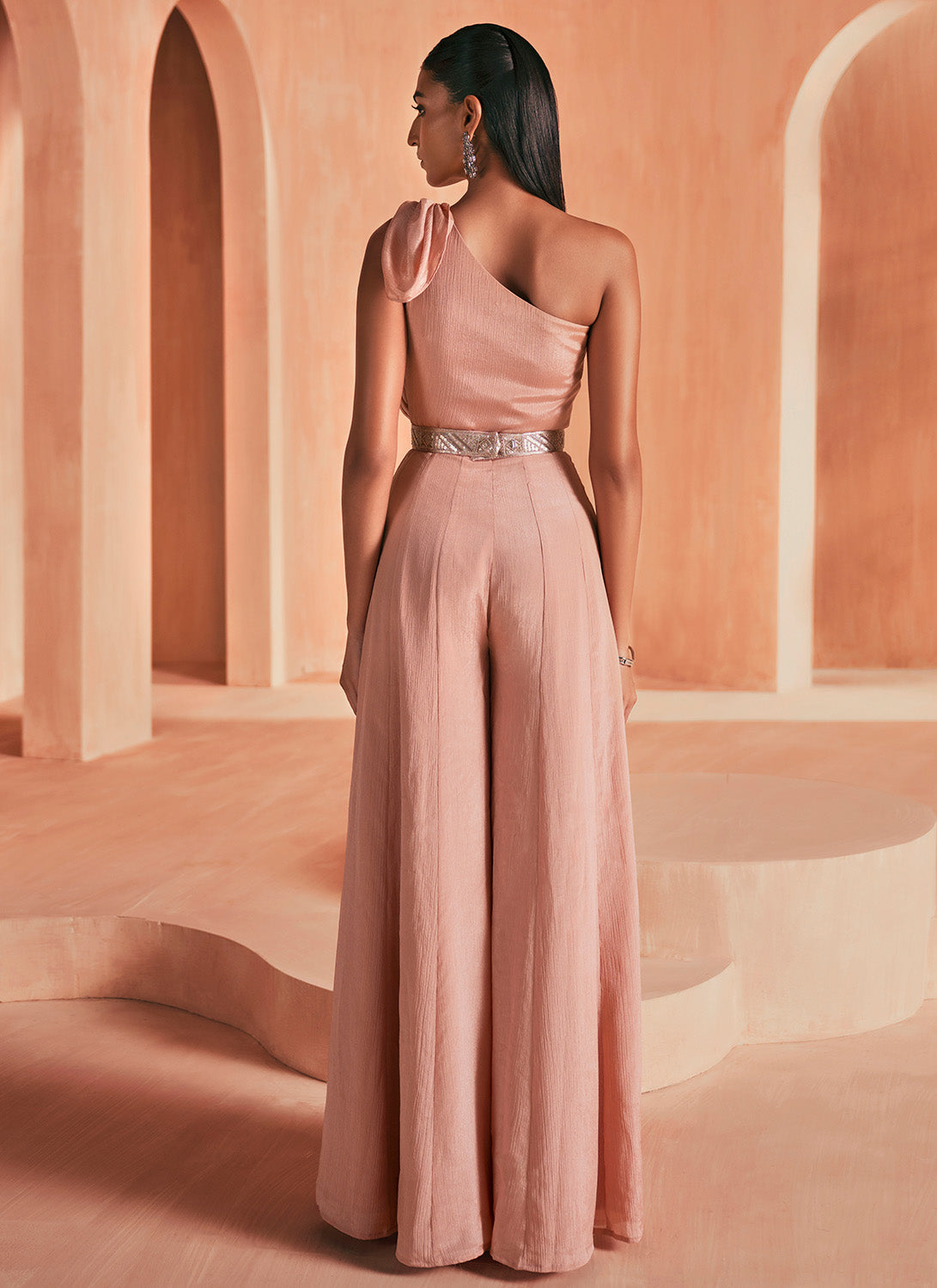 Dusty Peach Embroidered Chiffon Jumpsuit Set