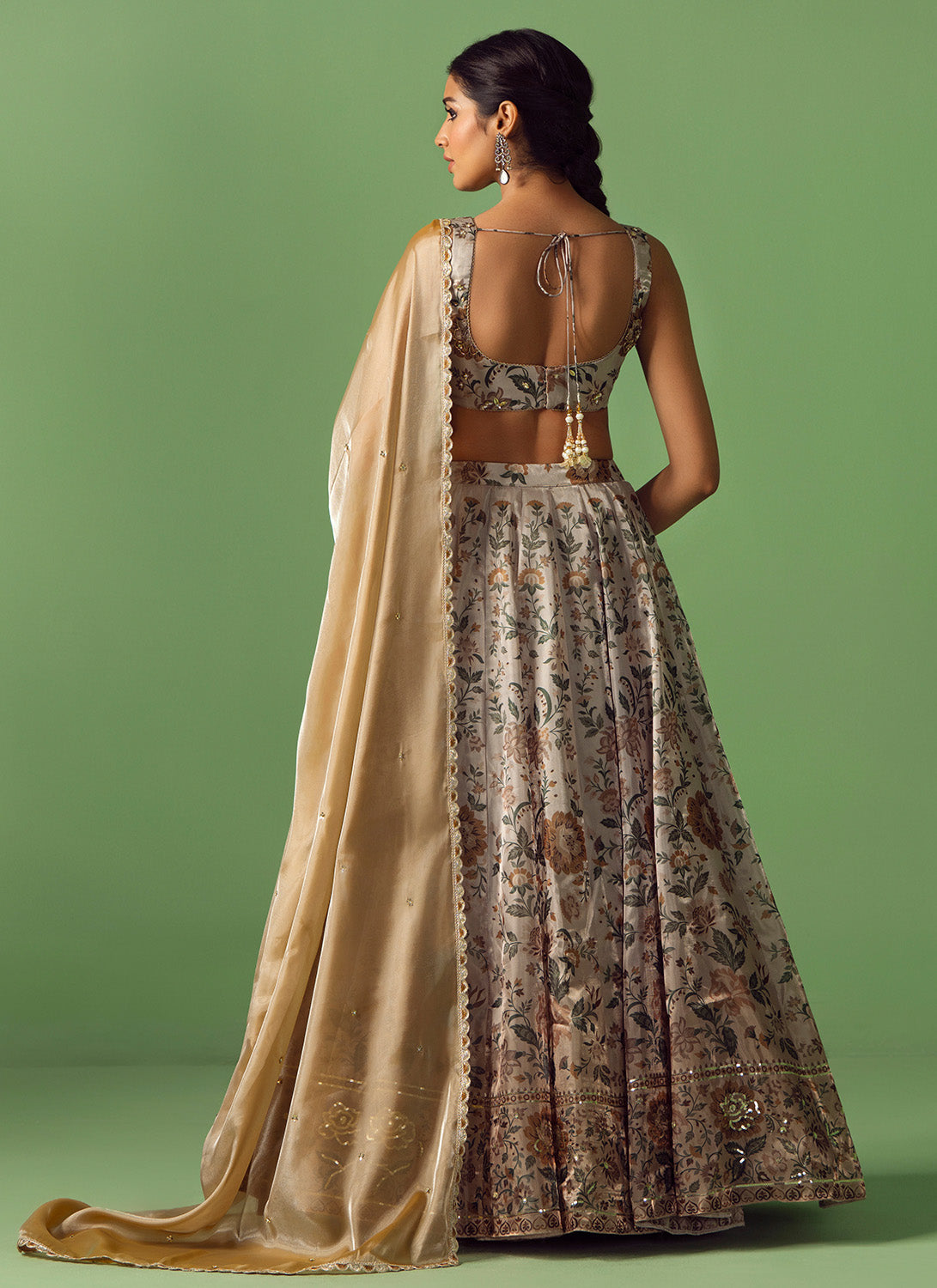 Light Beige Floral Printed Organza Lehenga