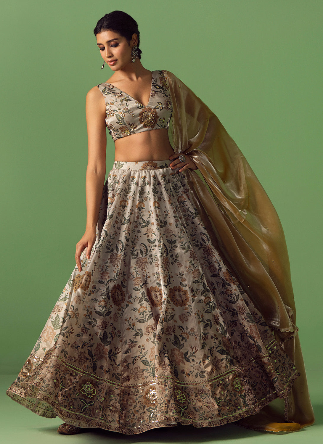 Light Beige Floral Printed Organza Lehenga