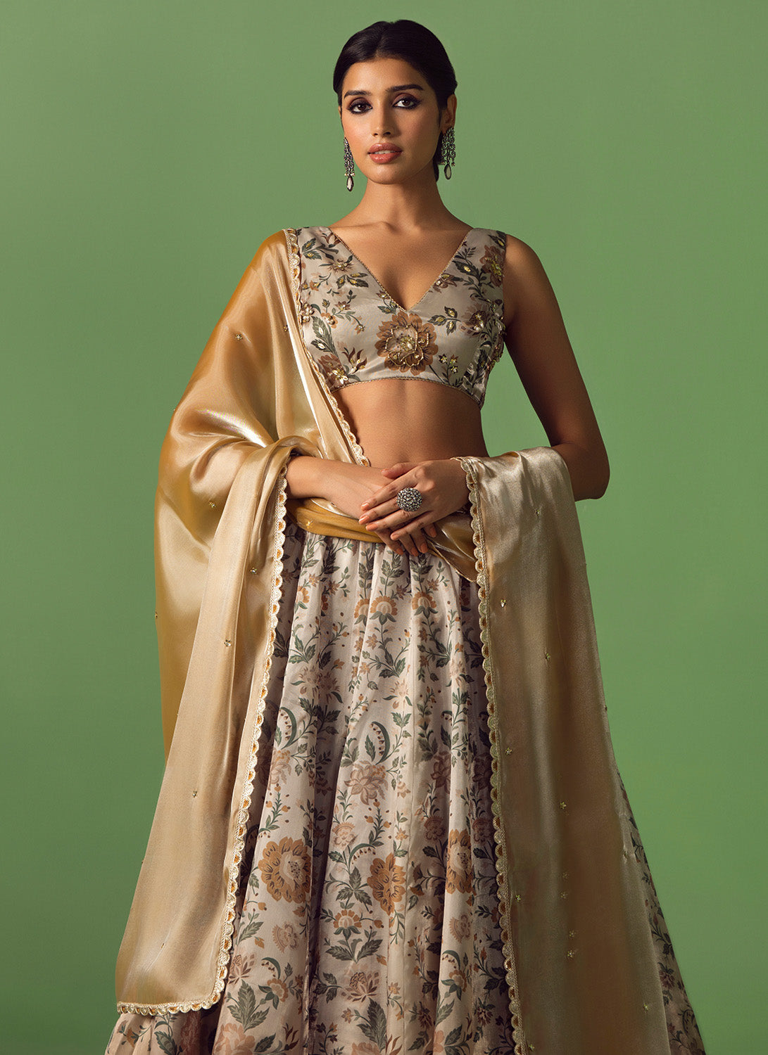Light Beige Floral Printed Organza Lehenga