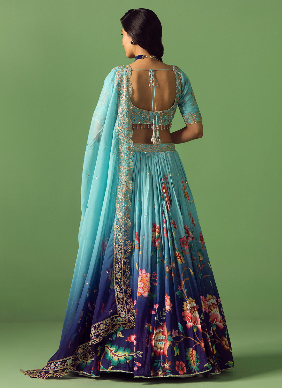 Blue Ombré Floral Printed Silk Lehenga